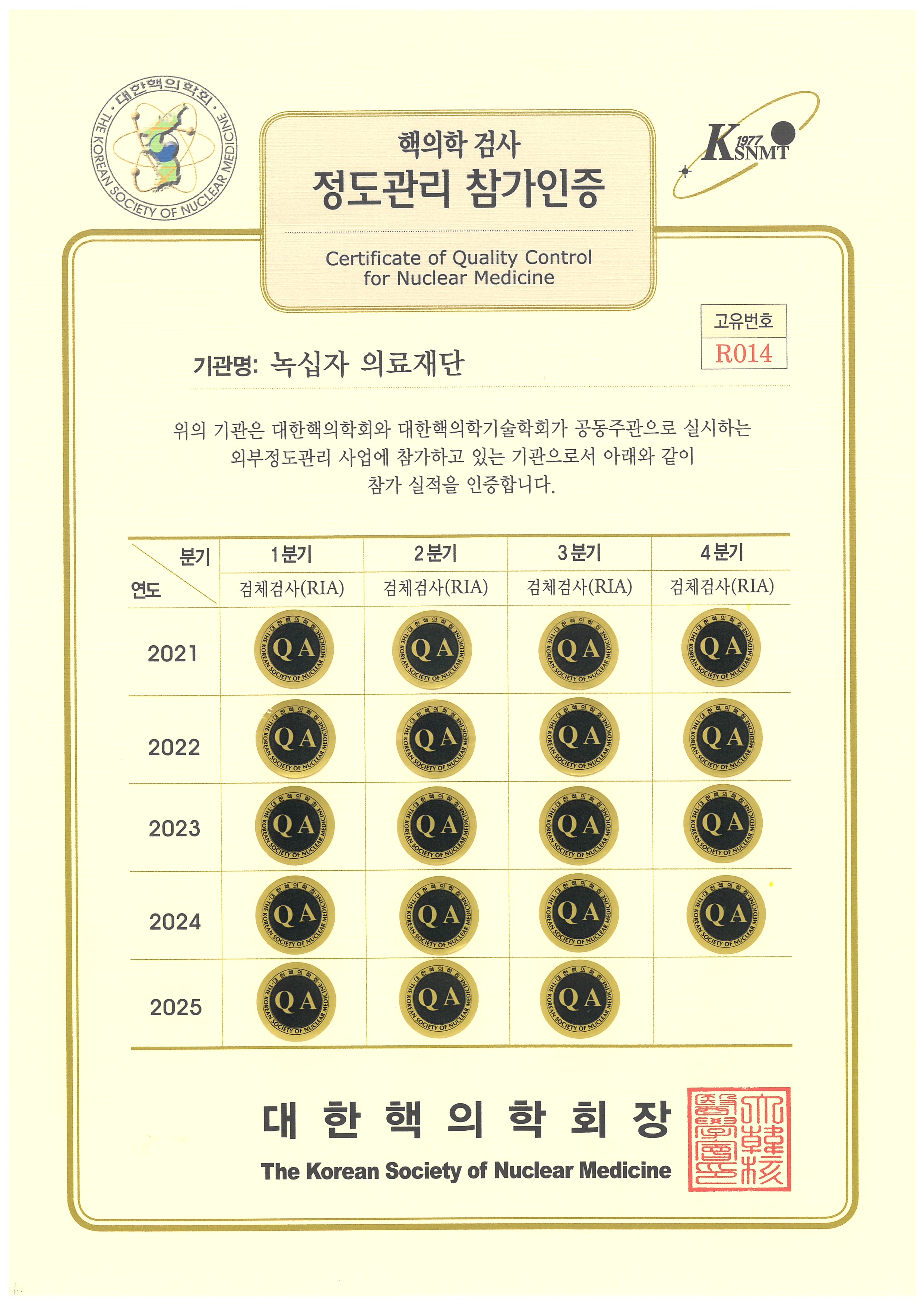 핵의학 검사 정도관리 참가인증